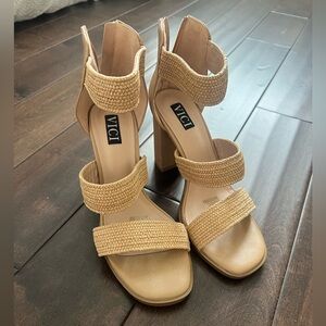 Vici Tan Block Heel Sandals with Textured Straps